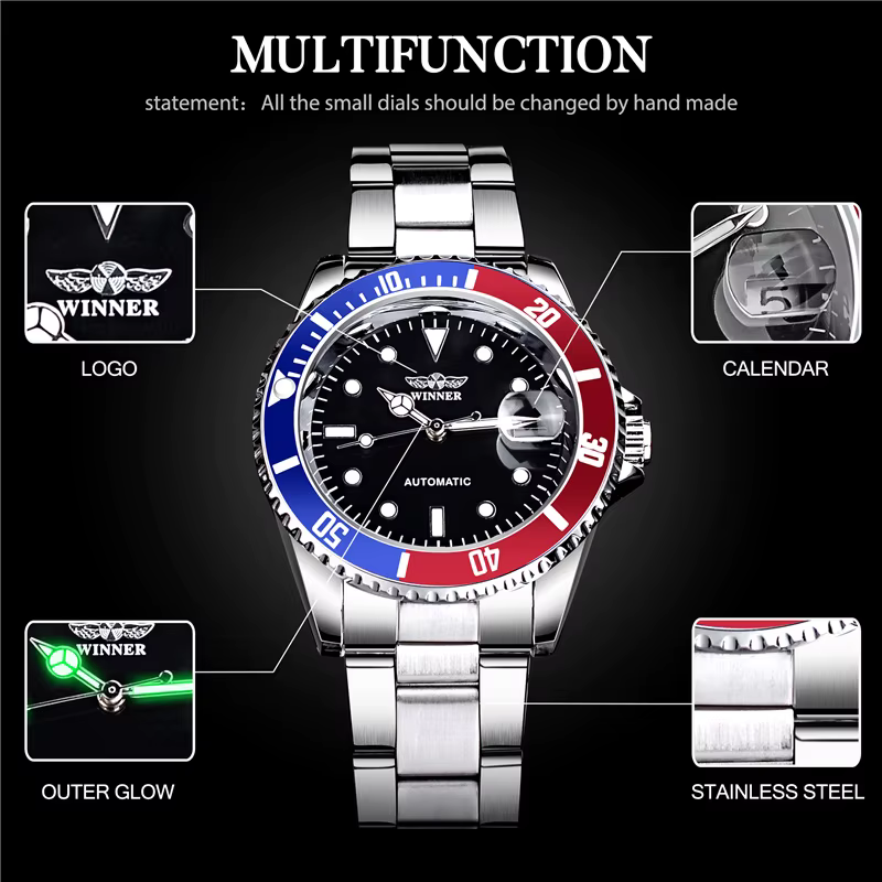 WINNER 002 montres mécaniques automatiques pour homme étanche bracelet en acier inoxydable montre-bracelet calendrier lumineux décontracté hommes montre