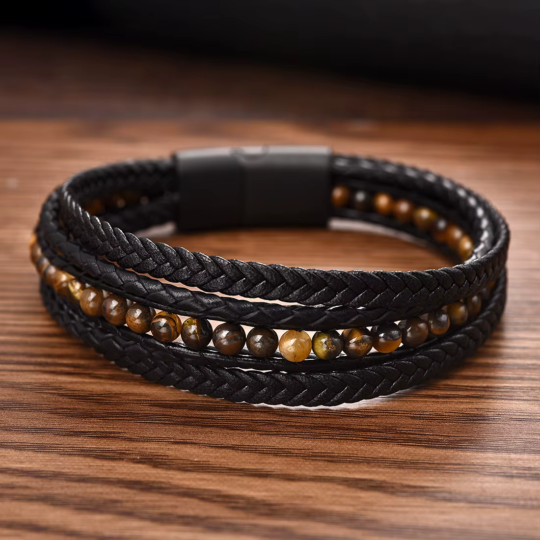 Bracelets classiques en pierre naturelle et cuir microfibre pour hommes