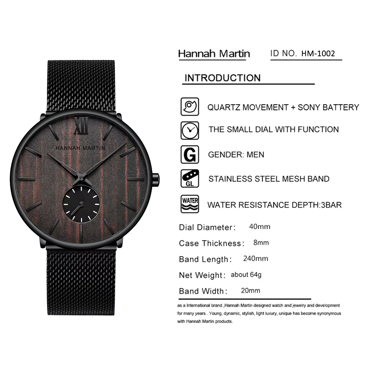 Hannah Martin-Montre-bracelet en acier inoxydable pour homme