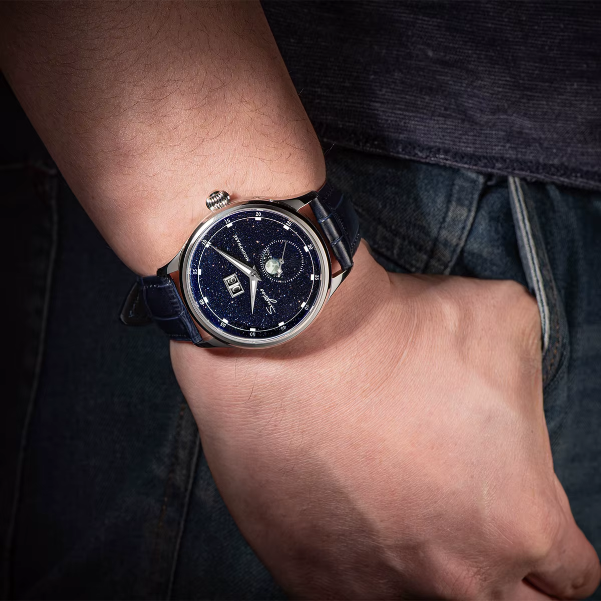 Sugess Moonphase montre pour hommes 40mm montres mécaniques automatiques origine ST2528 mouvement acier inoxydable cadrans en grès bleu