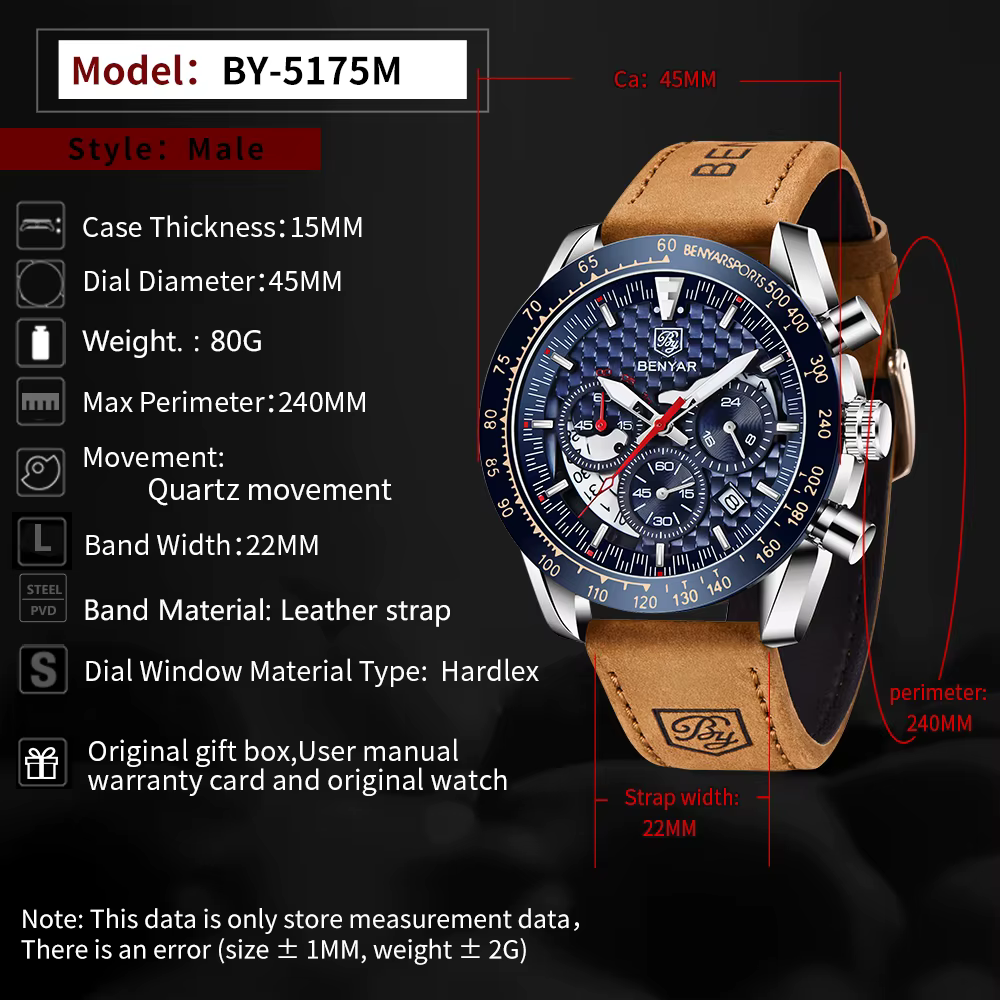 Benyar Design-Montre à quartz en cuir pour homme, chronographe Shoous, marque de sport, mode vintage, étanche à 30m, 45mm
