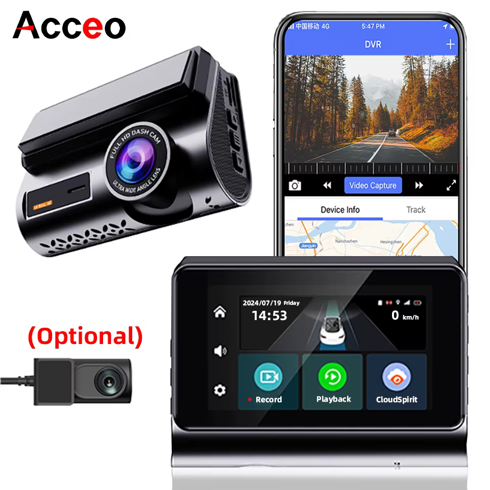 Caméra embarquée ACCEO 4G LTE GPS - Prise en charge de la visualisation en direct à distance, enregistrement Full HD avec vision nocturne, mode stationnement 24h/24 et caméra de recul 1080P