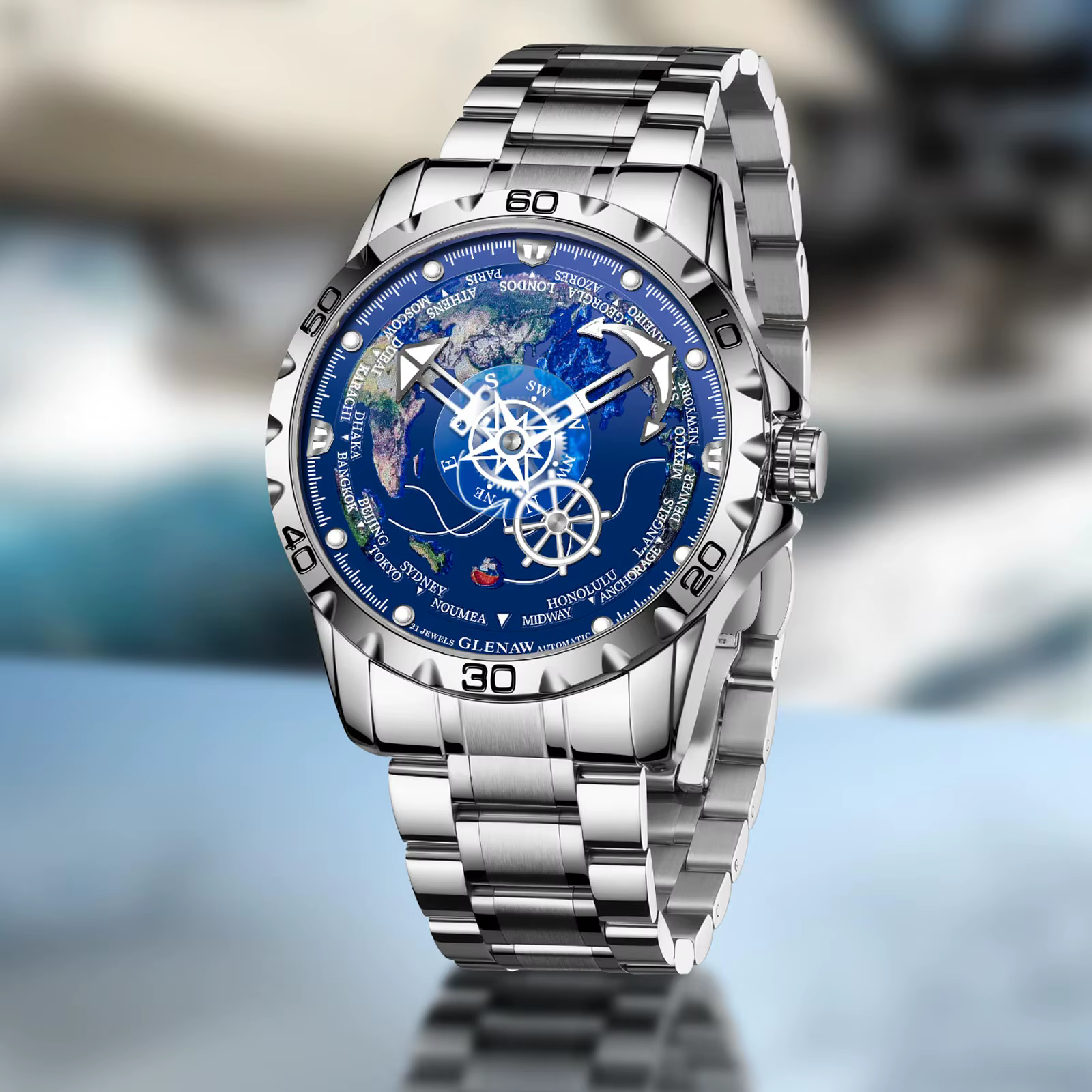 Glenaw Navigator Series Montre mécanique entièrement automatique Globe double couleur or et argent