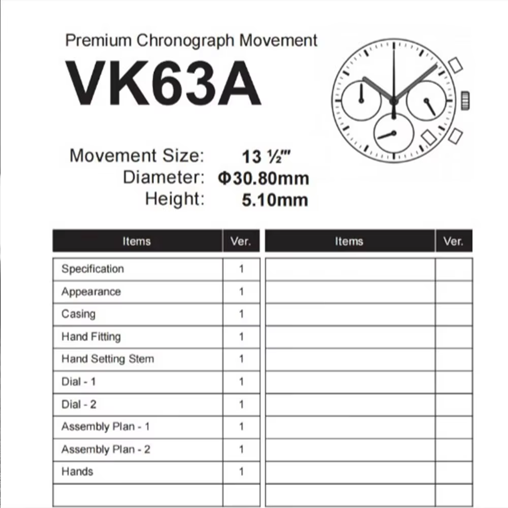 VK63A VK63 mouvement à Quartz Date à 3 heures chronographe montre