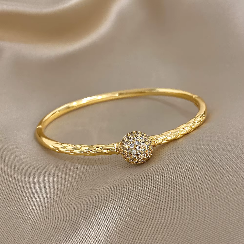 Bracelet à breloques boule ronde plaqué or brillant pour femmes, luxe, Zircon brillant, ouvert, printemps, bijoux cadeau