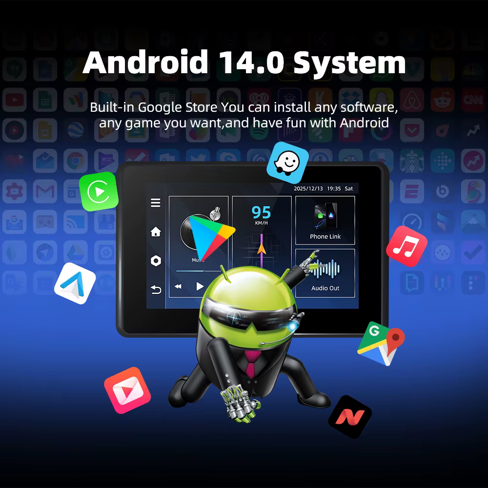 Navigation GPS portable pour moto EKIY Android 14, étanche IPX67, écran 5 pouces, compatible CarPlay sans fil et Android Auto.