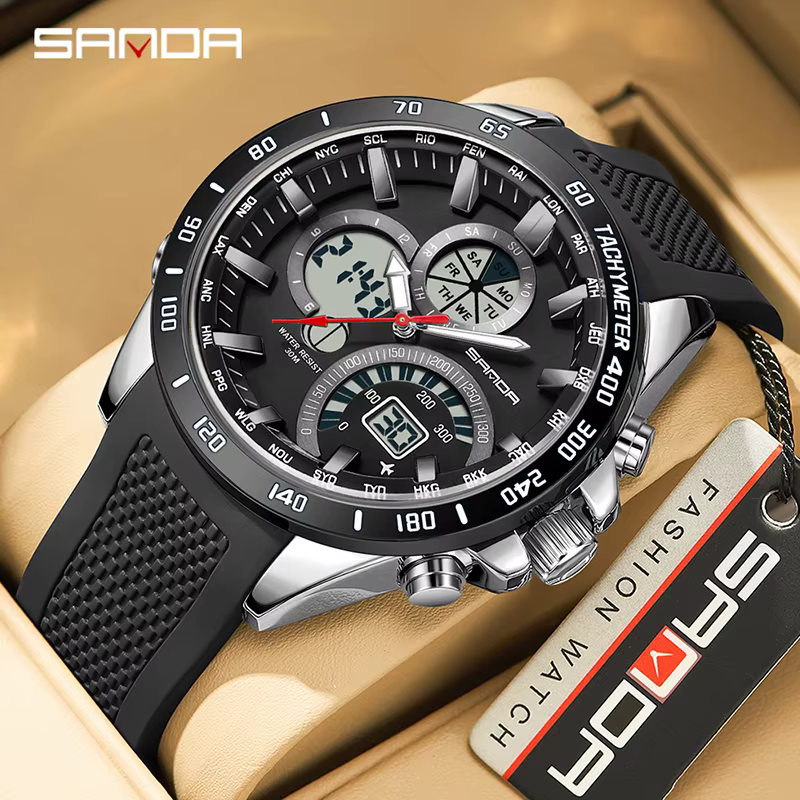SANDA hommes marée nom montre numérique 30 M étanche montre-bracelet LED Quartz horloge Sport