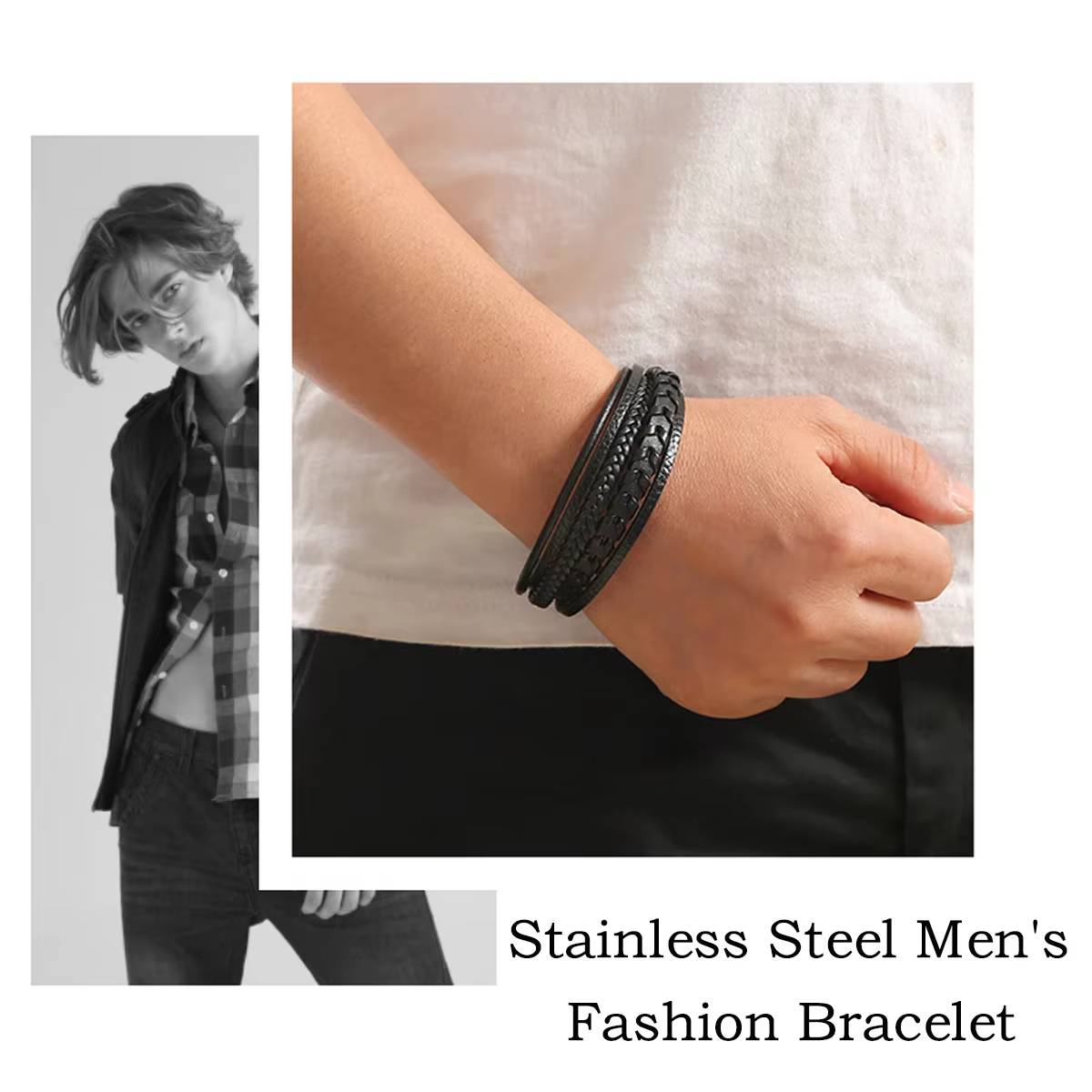 Bracelet tressé en cuir vintage superposé