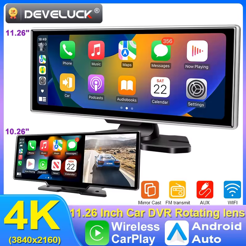 10/11.26 pouces Dash Cam 4K voiture DVR sans fil Carplay et Android Auto GPS Navigation enregistreur vidéo tableau de bord double objectif Wifi FM AUX