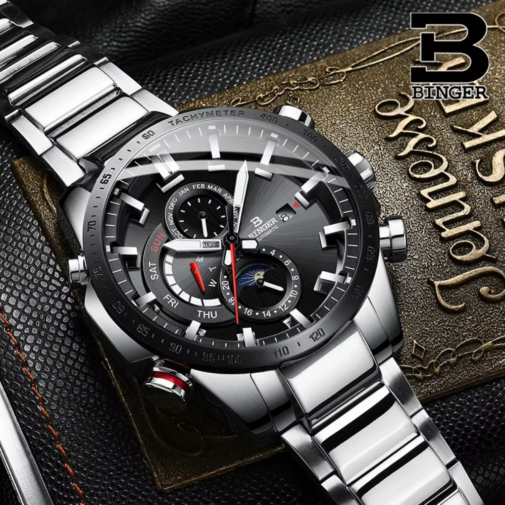 Véritable marque de luxe BINGER hommes montres automatique mécanique lumineux entièrement en acier étanche calendrier de course mâle Phase de lune