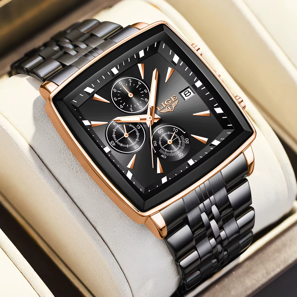 LIGE mode montres de luxe pour hommes cadran carré en acier inoxydable étanche lumineux Auto Date chronographe Quartz homme montre + boîte