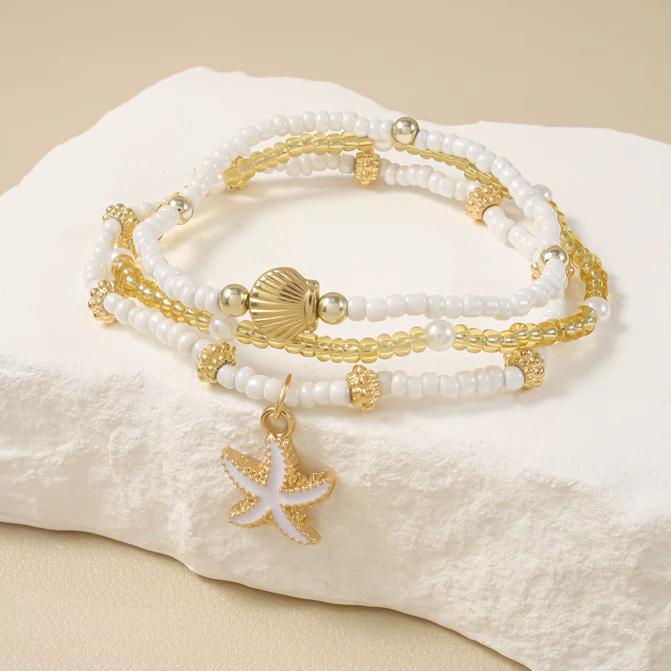 Bracelet en coquillage d'étoile de mer exquis, perles de rocaille faites à la main, plusieurs couches, bijoux pour femmes, fête sur la plage, vacances, été