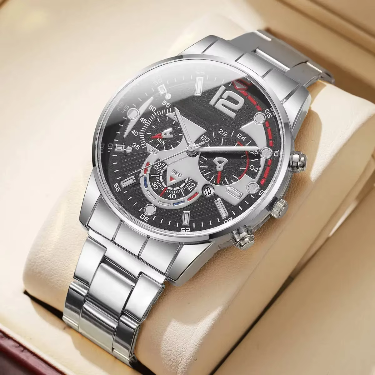 Montre-bracelet analogique à quartz avec calendrier pour homme