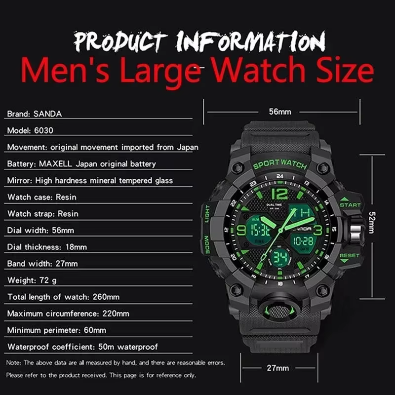 SANDA 6030 montre à Quartz militaire homme montre-bracelet étanche pour hommes horloge choc relogios masculino Top