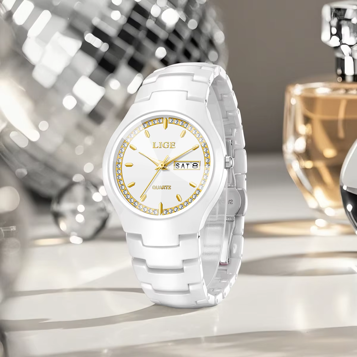 LIGE céramique hommes montres calendrier étanche femmes