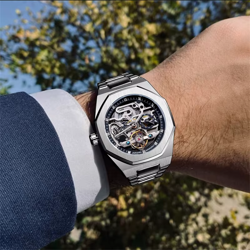 Montre mécanique automatique de luxe pour homme, design hexagonal unique et élégant, bracelet en acier inoxydable, cadeau idéal pour lui, montre de luxe pour homme |   Bracelet à la mode |   Cadran tr