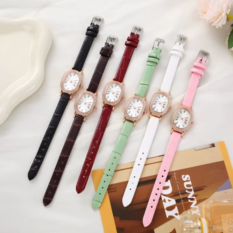 Montre pour femme vintage à cadran ovale avec strass