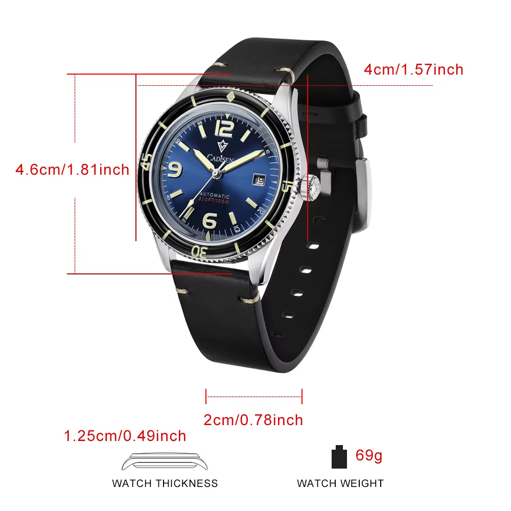 CADISEN 2026 montre hommes montres mécaniques mis5 8215 mouvement bracelet en cuir véritable étanche lumineux rouge