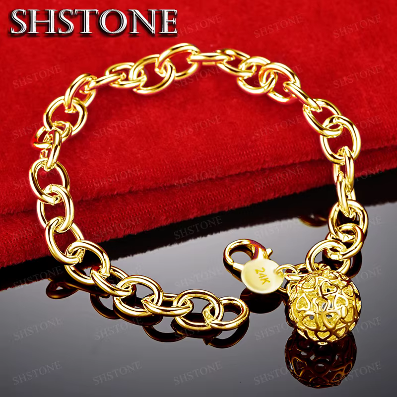 Bracelet en or 18 carats, bracelet à billes rondes creuses, chaîne de main pour femmes, bijoux fins pour fêtes et mariages, cadeaux
