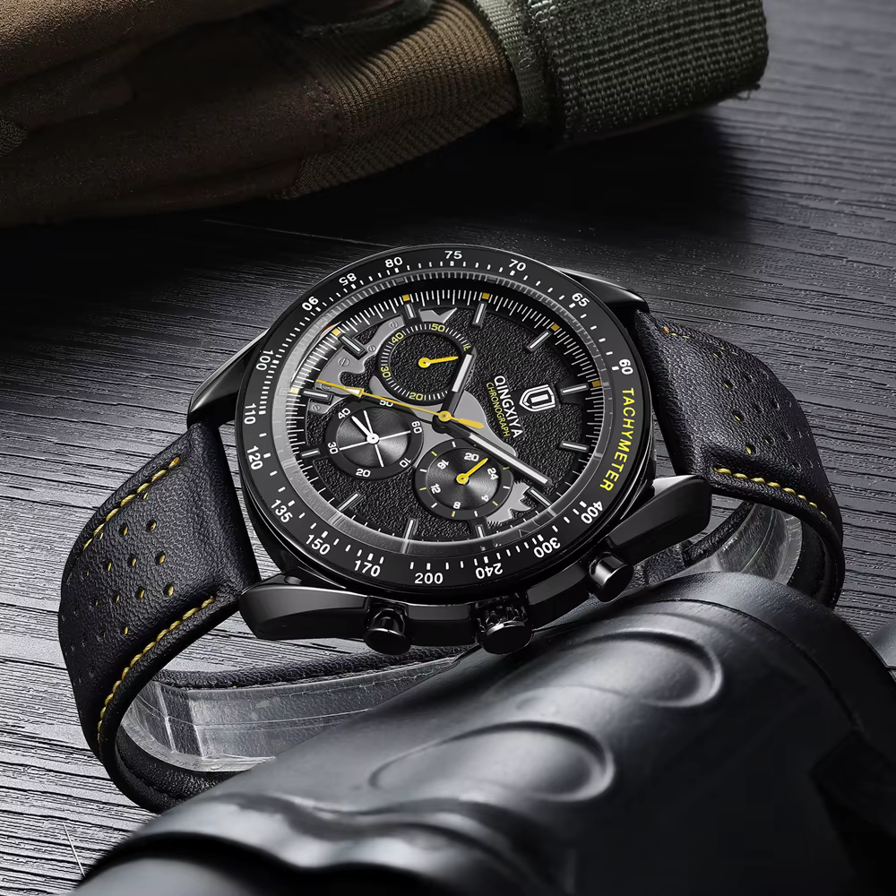 QINGXIYA haute qualité hommes Sport montre à Quartz haut de gamme de luxe chronographe horloge mâle en cuir militaire