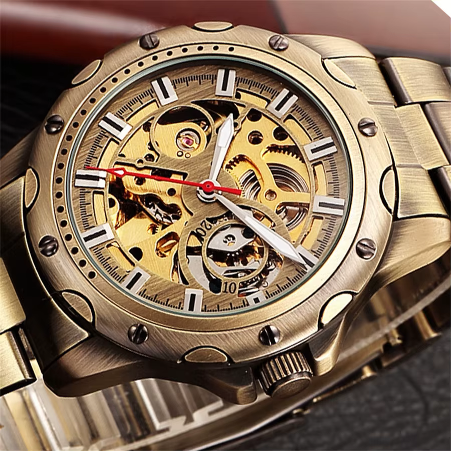 SHENHUA 9536A hommes montre mécanique automatique Bronze squelette décontracté