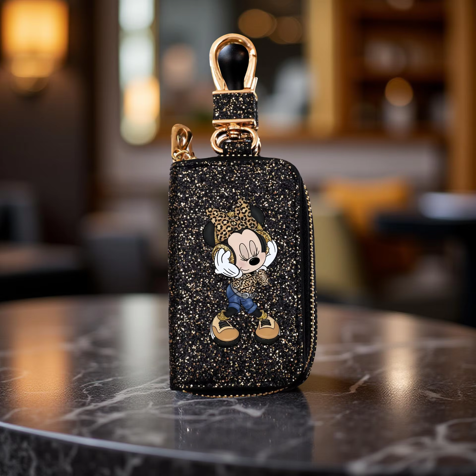 1 sac à clés Minnie-porte-clés synthétique élégant avec fermeture éclair dorée, organisateur de clés de voiture Compact et accessoire de décoration pour la maison