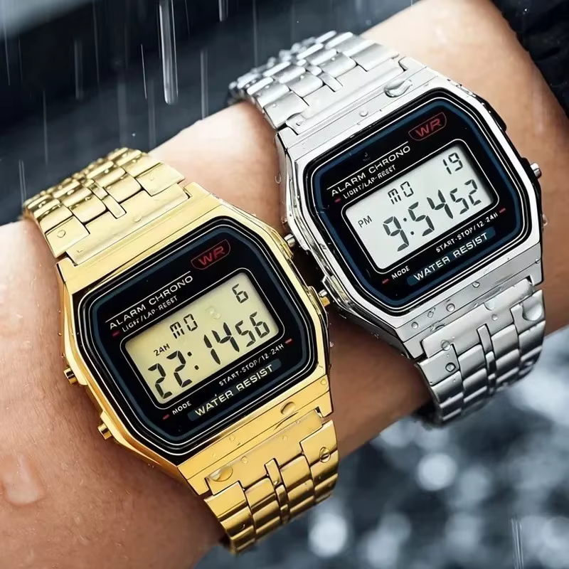 Montre numérique en métal pour hommes et femmes, luxe, LED, acier inoxydable, or, argent, électronique, mode business