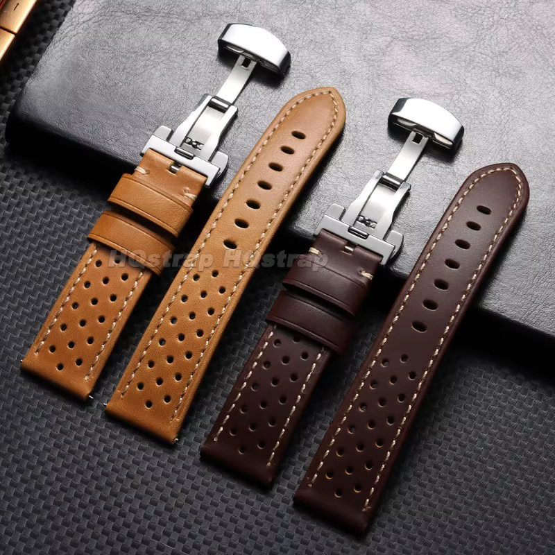 Bracelet de montre vintage 18mm 20mm 22mm en cuir perforé respirant style course avec fermoir papillon pour Rolex