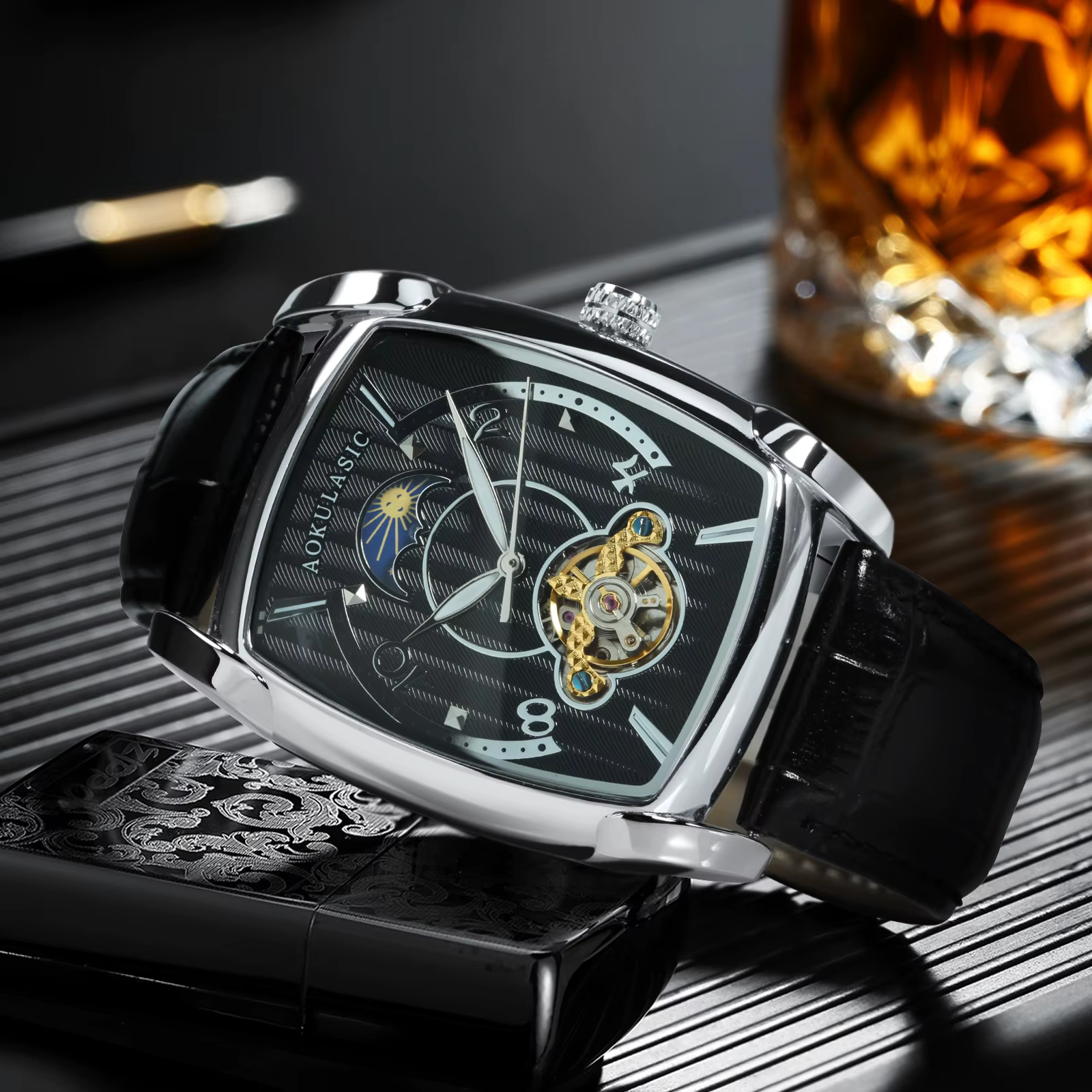 Tonneau Phase de lune montre automatique pour hommes marque de luxe Tourbillon squelette montres mécaniques ceinture en cuir aiguilles lumineuses horloge