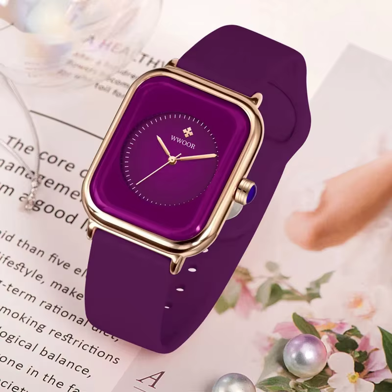 WWOOR marque de luxe montres pour femmes mode carré violet dames Quartz montre-bracelet étanche bracelet en Silicone Relogio Feminino