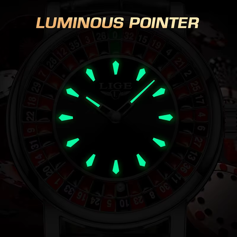 Lige nouvelles montres pour hommes en vedette étanche lumineux montre-bracelet à quartz cadran Las Vegas Roulette Table