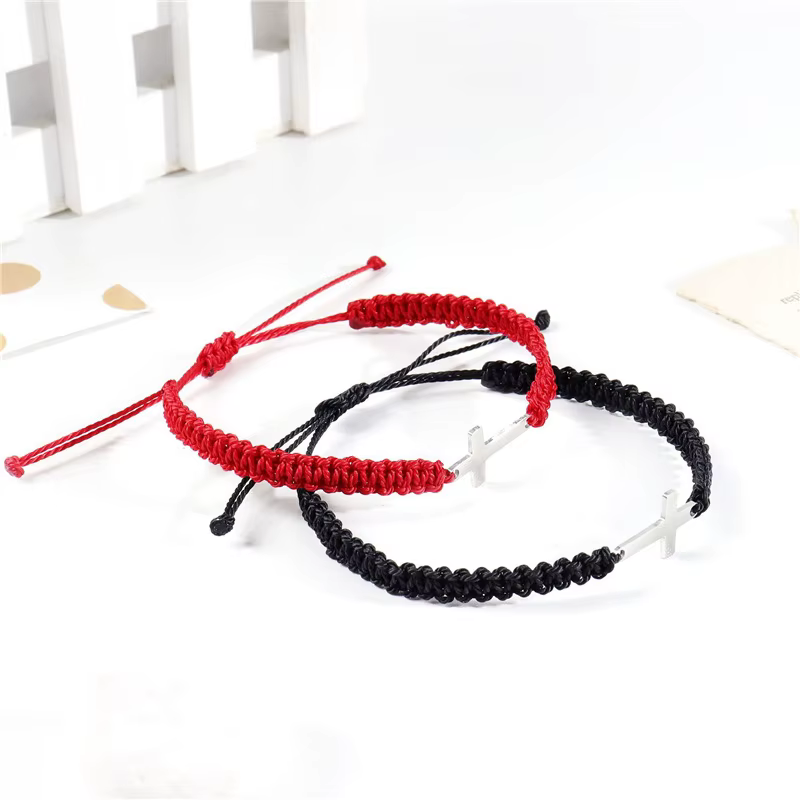 Bracelets de Couple en corde tressée, croix Simple, noir et blanc, couleur argent, réglable, bijoux chrétiens