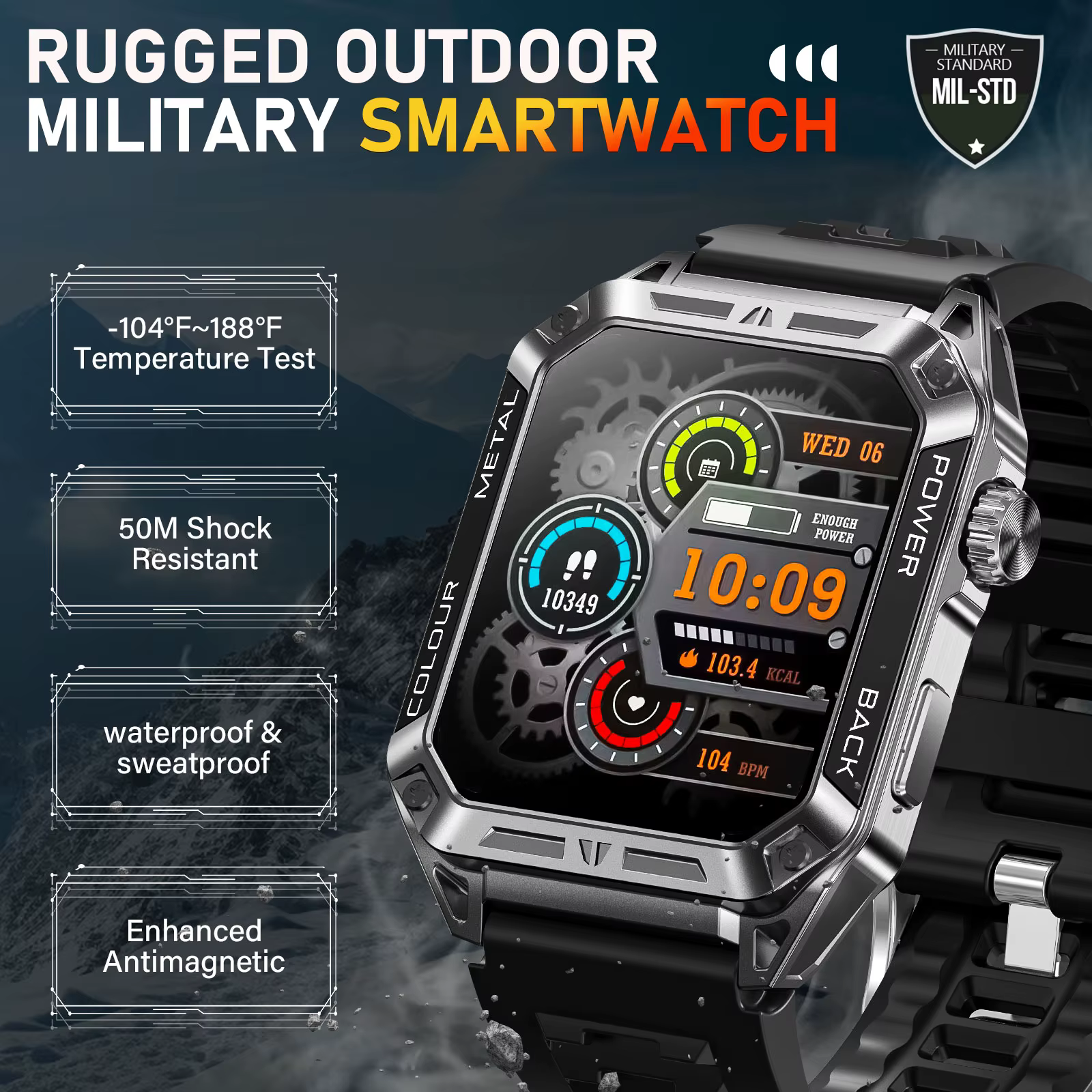 EIGIIS hommes montres intelligentes 1.91 "HD écran tactile 108 + Modes sportifs Fitness Tracker avec fréquence cardiaque SpO2 moniteur de sommeil podomètre