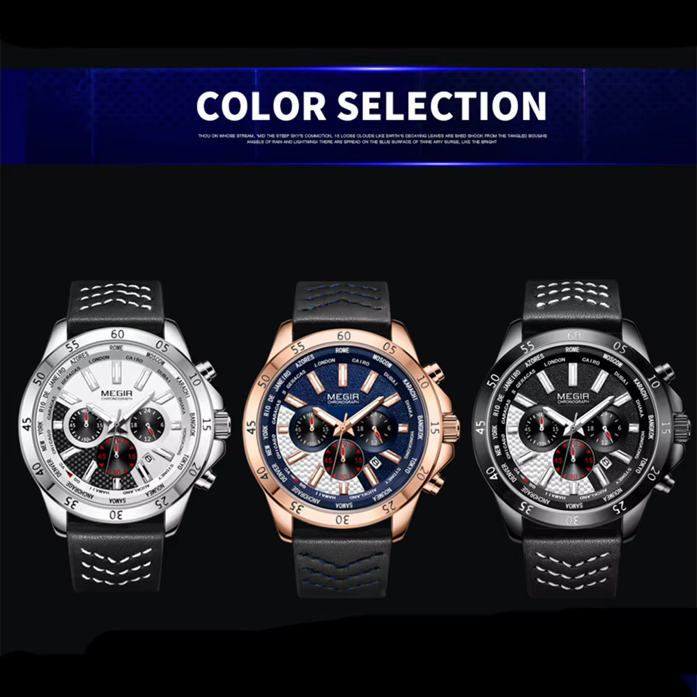 Montres-bracelets à quartz multifonctionnelles à grand cadran MEGIR pour hommes