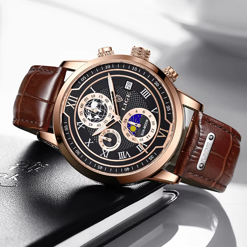Nouvelles Montres Hommes 2026 LIGE Marque Haut de Gamme Cuir Chronographe Étanche Sport Automatique Date Quartz