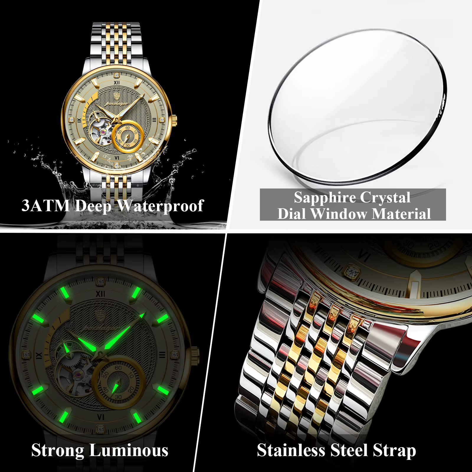POEDAGAR haut de gamme homme montre-bracelet lumineux creux Tourbillon en acier inoxydable hommes horloge mécanique