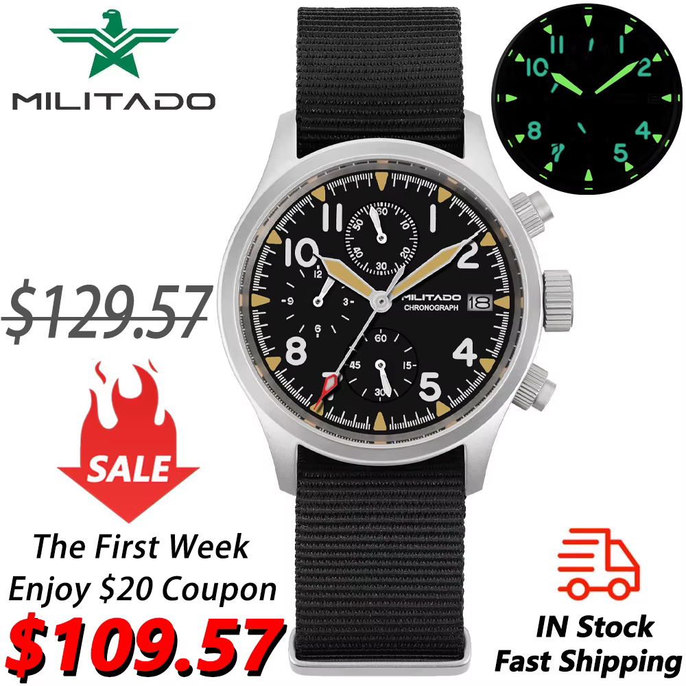Militado Ml1868KF montre VK67 chronographe montres à Quartz lumineux AR saphir cristal 100M étanche 39Mm montre-bracelet militaire