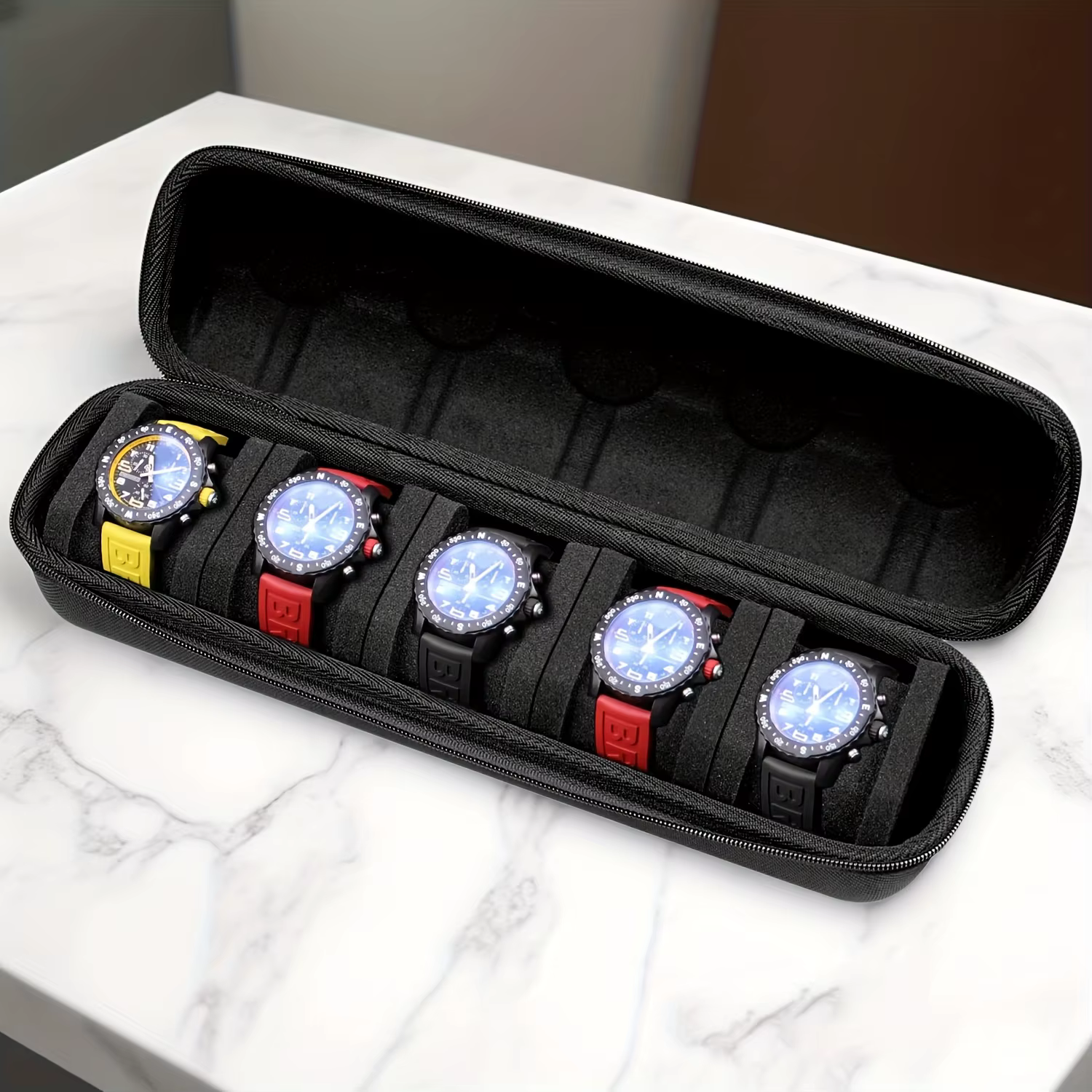 Organisateur de montres à 5 compartiments en coque rigide - Étui de voyage portable avec doublure en mousse