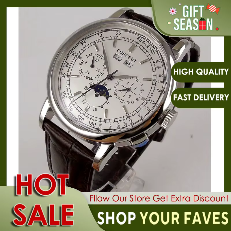 42mm Corgeut montre automatique pour hommes montres mécaniques jour Date mois année calendrier multi-fonction 316L jour-nuit bracelet en cuir