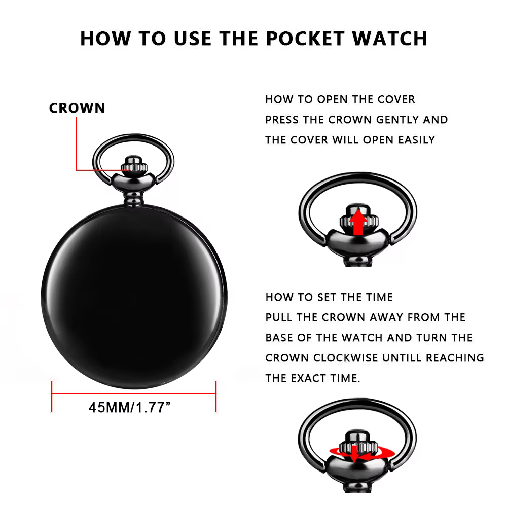 Montre de poche vintage à quartz noir pour hommes | Boîtier en alliage avec finition brillante | Cadran rond
