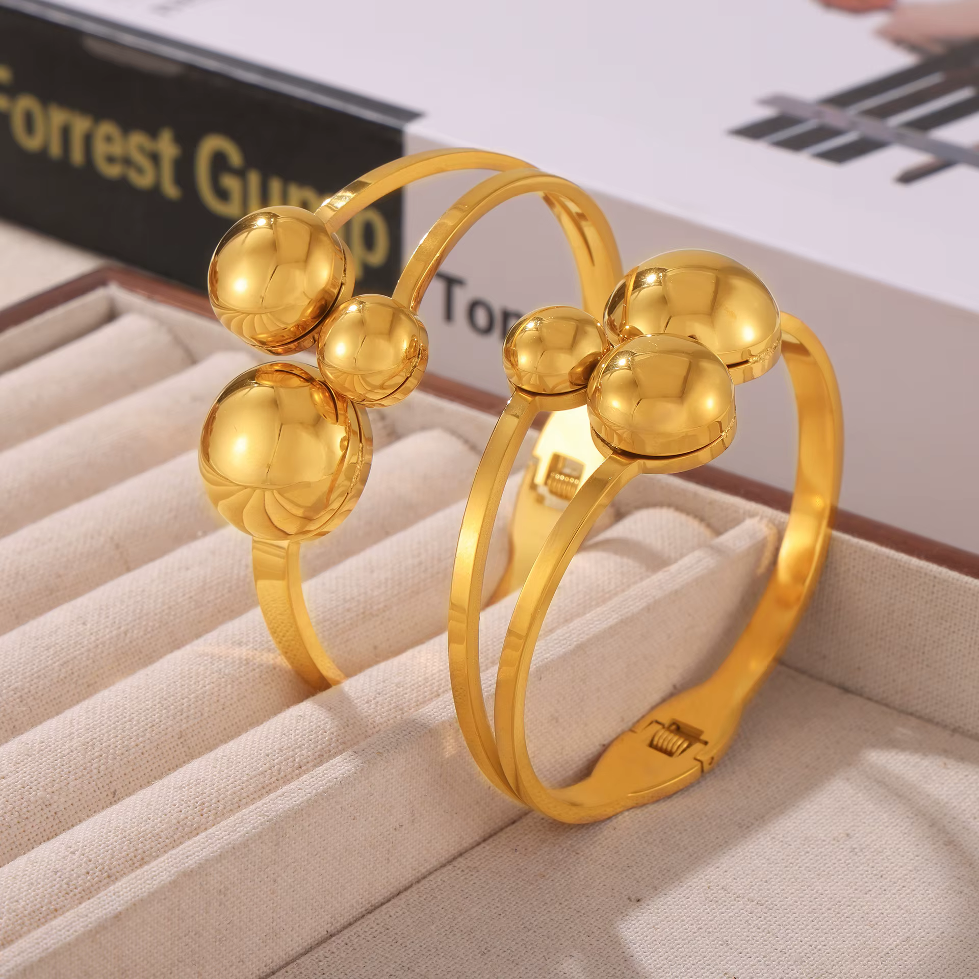 Bracelet rond en acier inoxydable à 3 boules pour femmes, double couche, plaqué or, personnalisé, accessoires de bijoux de luxe pour femmes