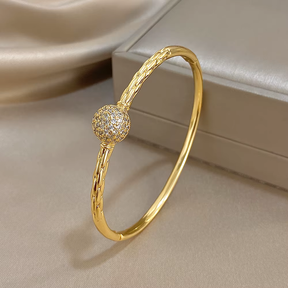 Bracelet à breloques boule ronde plaqué or brillant pour femmes, luxe, Zircon brillant, ouvert, printemps, bijoux cadeau