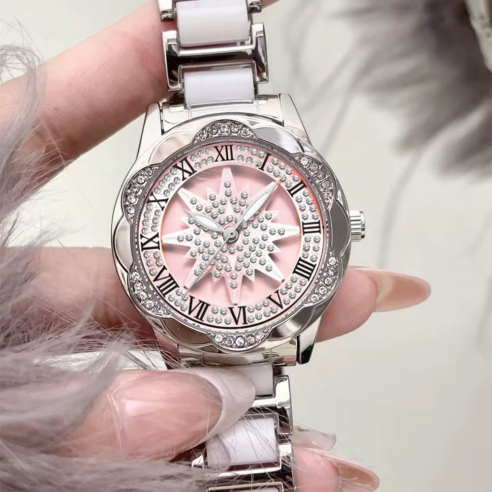 Montre pour femme de luxe avec cadran rotatif orné de diamants, étanche, élégante, haut de gamme, ronde, pour femme