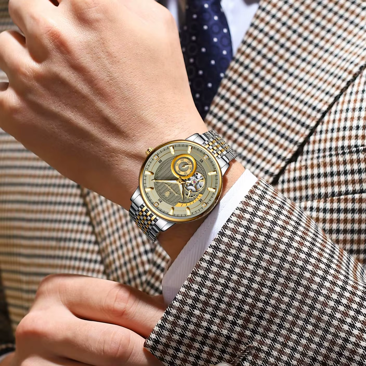 POEDAGAR haut de gamme homme montre-bracelet lumineux creux Tourbillon en acier inoxydable hommes horloge mécanique