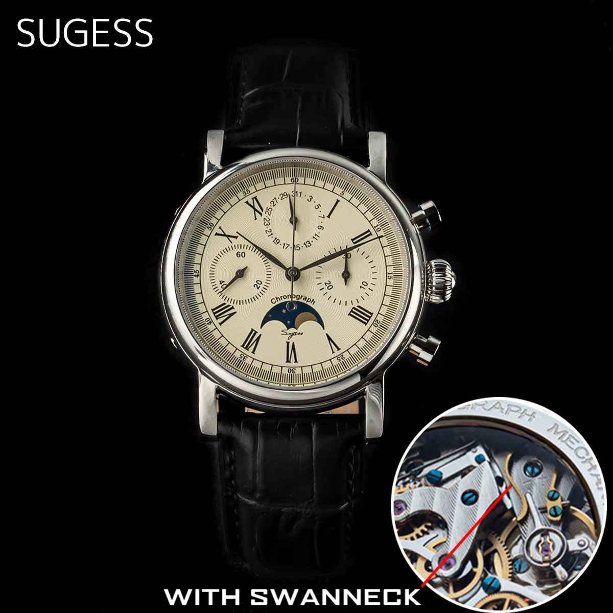 Sugess – montre-bracelet pour hommes, ST1908, mouvement à col de cygne, chronographe mécanique, véritable calendrier de phase de lune, cuir Vintage, nouveau 2023