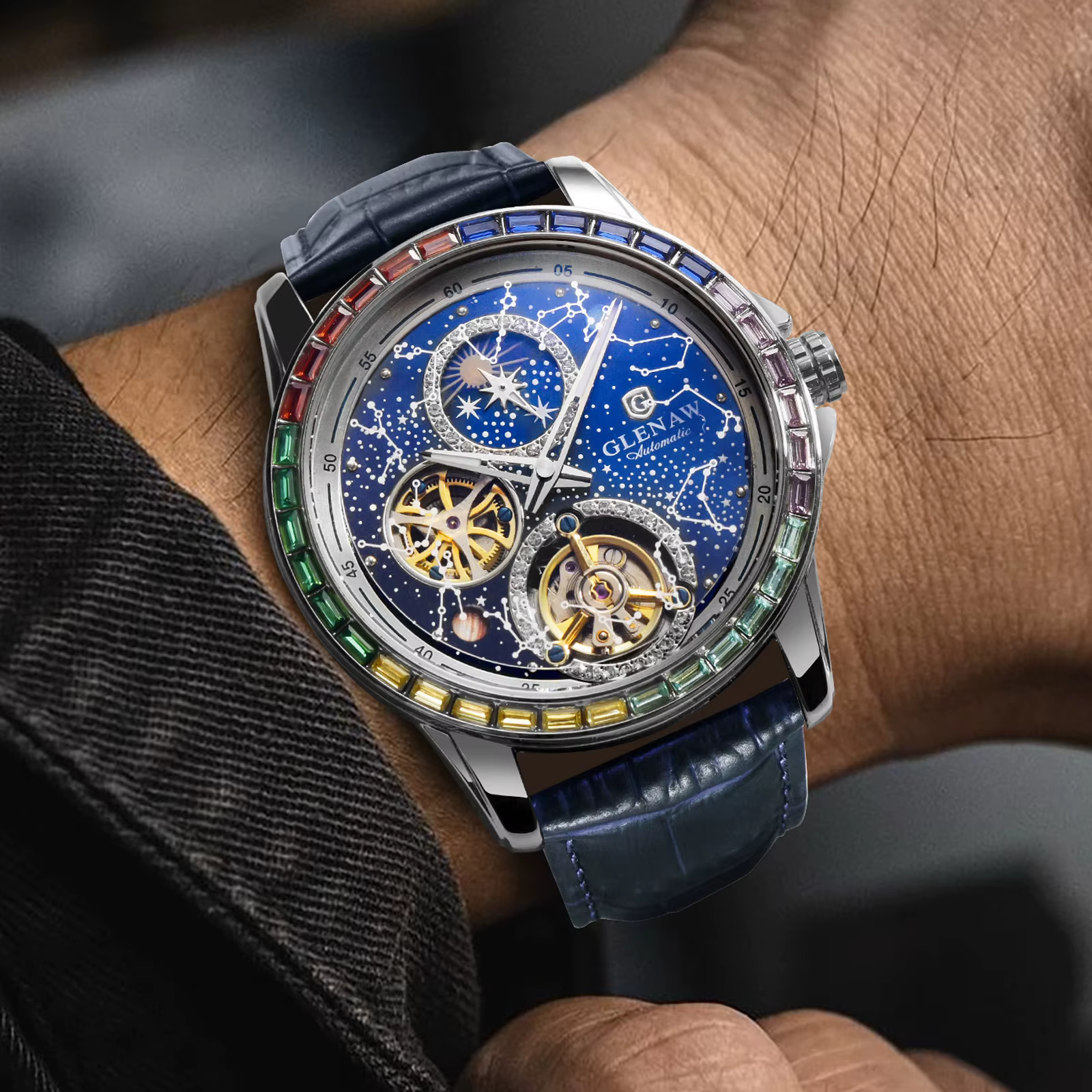 GLENAW 2025 Nouvelle Montre Mécanique Homme Design Cercle Arc-en-ciel Cadran Constellation Lumineux Étanche