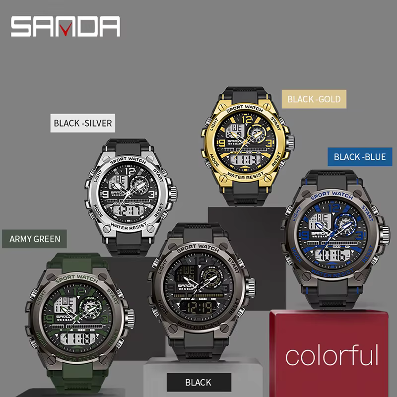 SANDA hommes sport montres à Quartz double affichage LED électronique numérique