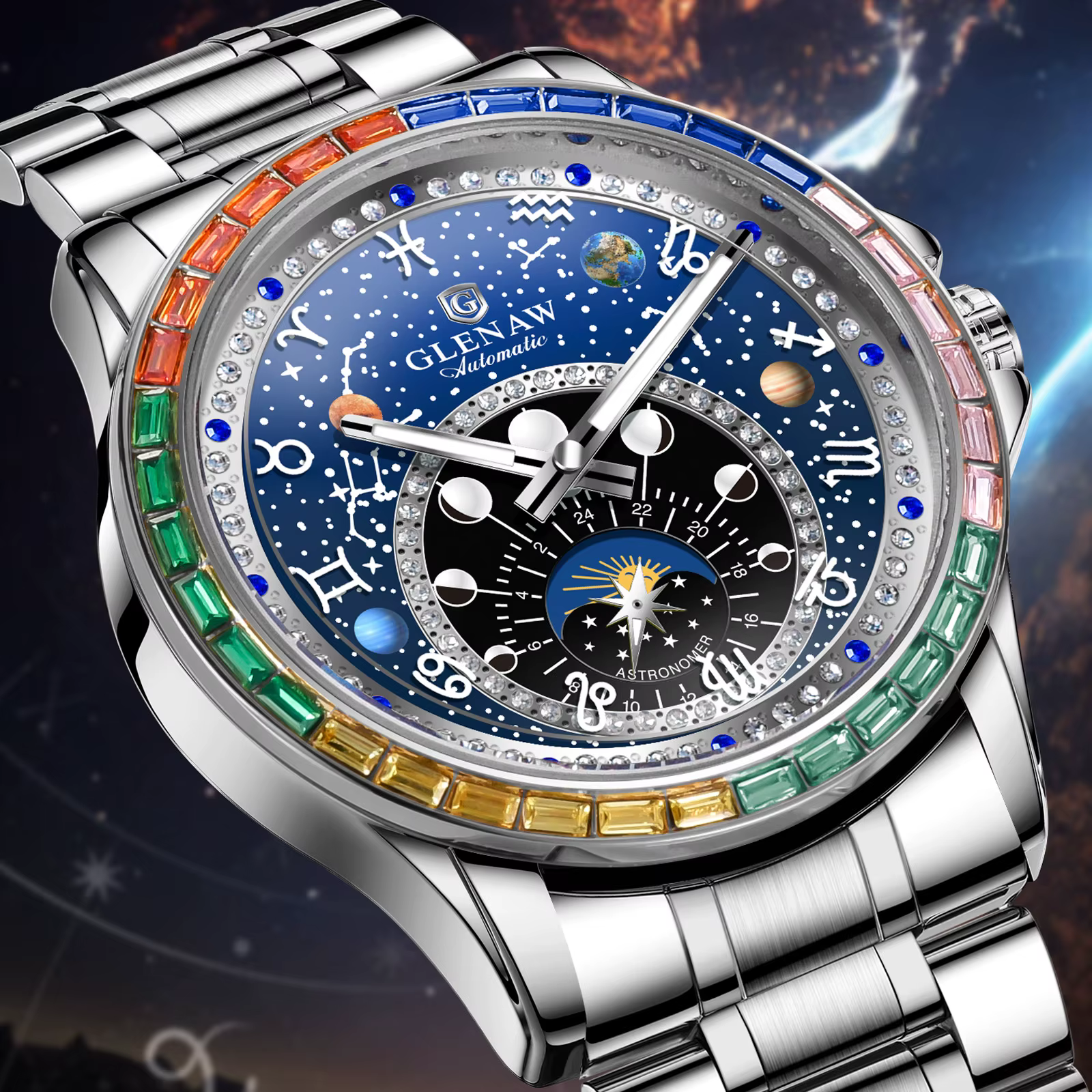 2025 nouveau GLENAW Design arc-en-ciel cercle montre mécanique hommes Constellation cadran veilleuse étanche haut de