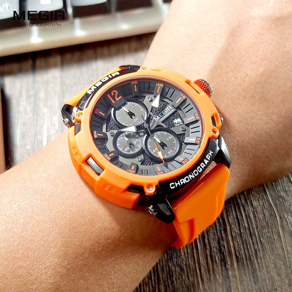 MEGIR Orange Sport montres pour hommes mode étanche lumineux chronographe Quartz montre-bracelet avec Date automatique bracelet en Silicone 2208
