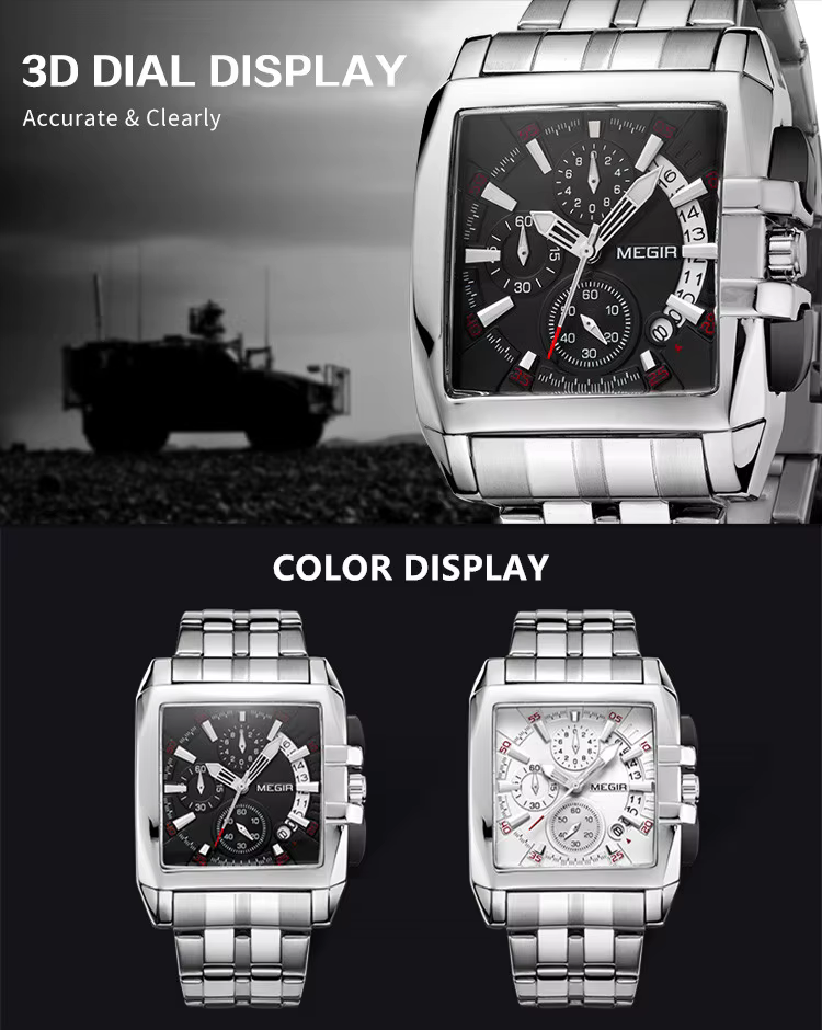MEGIR Original luxe hommes montre en acier inoxydable